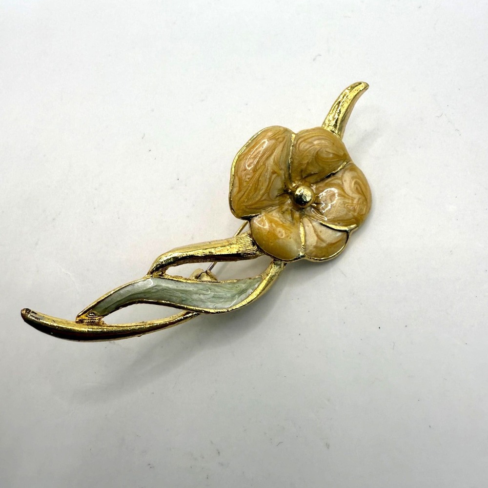 Vintage‎ Enamel Flower Brooch Gold Tone Abstract Floral Pin